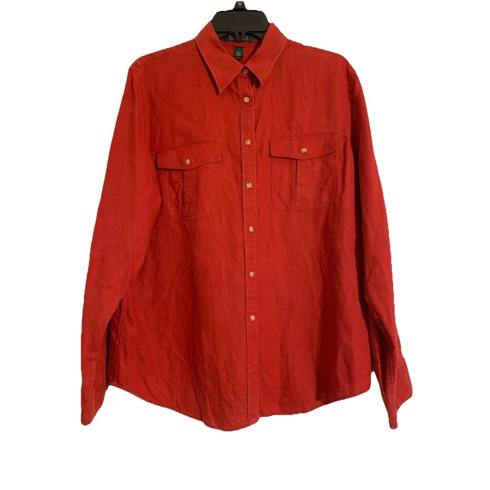 Lauren Ralph‎ Lauren Womens L 100% Linen Button Up Shirt Roll Tab Sleeve Red